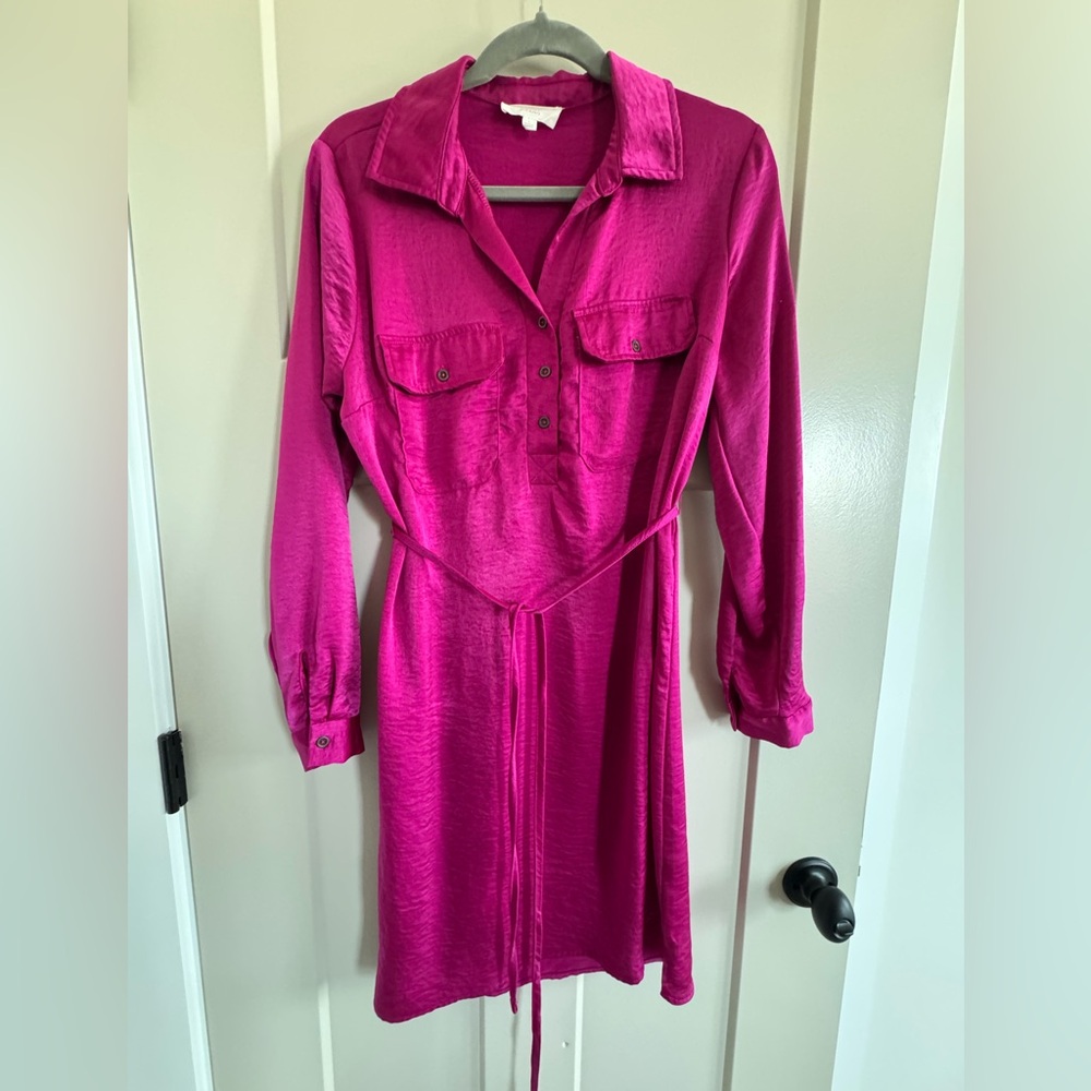 Lucky Brand Fuchsia Long-Sleeve Shirt Dress with Tie Belt